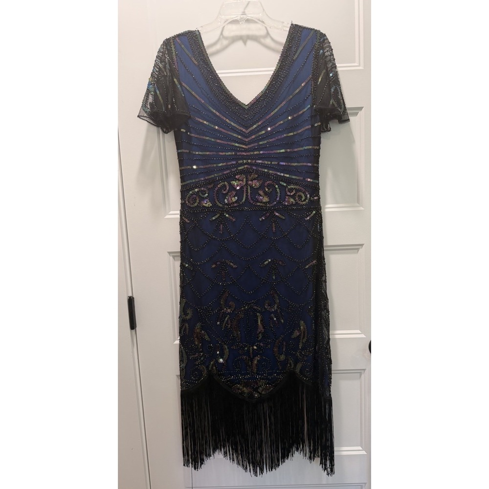 RORY 1920s Flapper Gatsby Beaded Fringe Dress Womens M Blue Black Art Deco